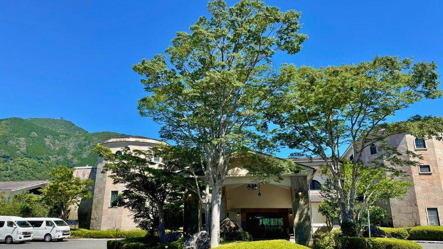 紅葉をホテル廊下から眺めている。