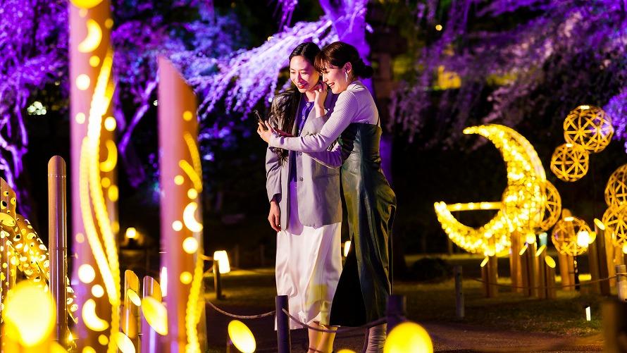 夜の日本庭園。ライトアップされた竹あかりの写真を撮る女性ふたり。