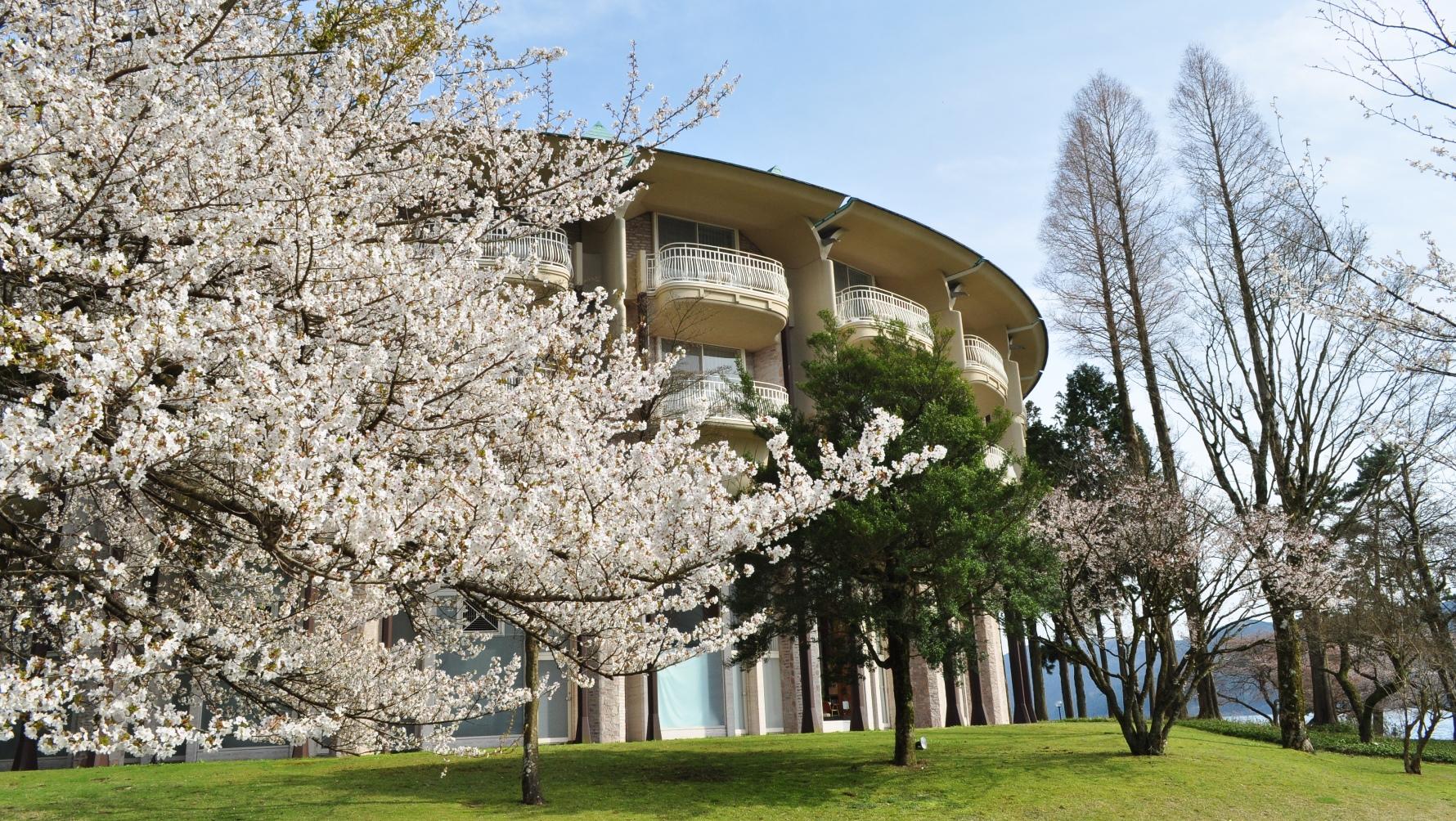 満開の桜とザ・プリンス箱根芦ノ湖の円形の宿泊棟