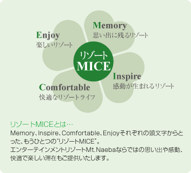リゾートMICEとは… - emory、Inspire、Comfortable、Enjoyそれぞれの頭文字からとった、もうひとつの“リゾートMICE”。エンターテイメントリゾートMt.Naebaならではの思い出や感動、快適で楽しい滞在もご提供いたします。