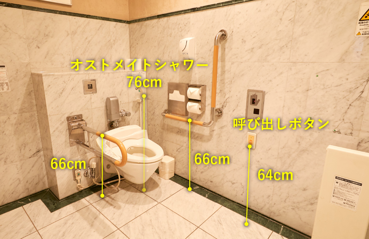 地下1階オストメイト対応トイレ　呼び出しボタンの高さ64センチメートル　トイレ左側手すりの高さ66センチメートル　トイレ右側手すりの高さ66センチメートル　オストメイトシャワーの高さ76センチメートル