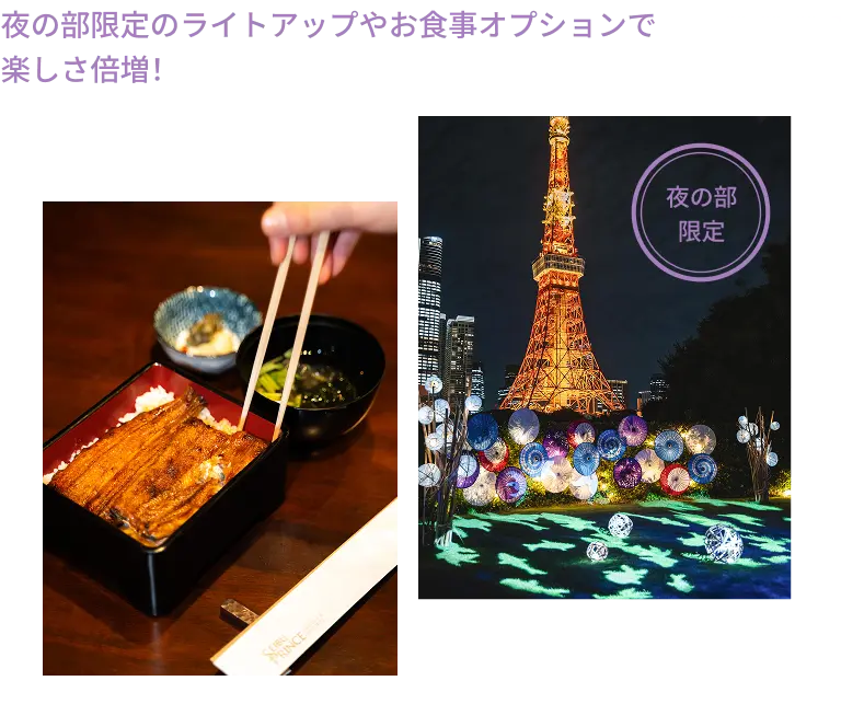 夜の部限定のライトアップやお食事オプションで楽しさ倍増！