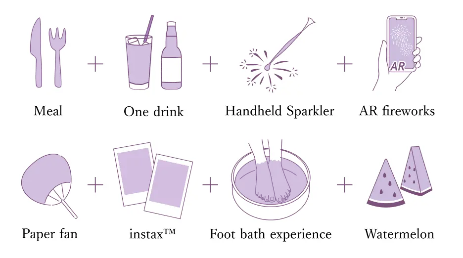 Meal, One drink, Handheld Sparkler, AR fireworks, Paper fan, instax™, Foot bath experience, Watermelon